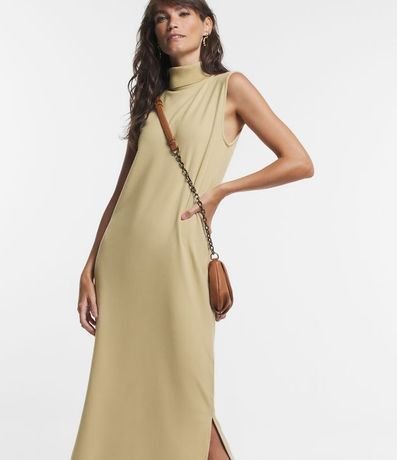 Vestido Midi en Suedine con Cuello Alto