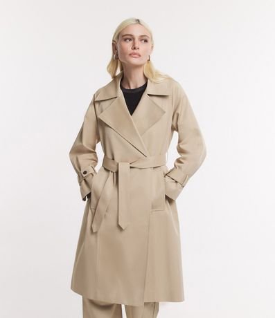 Trench Coat Largo en Gabardina con Cinta y Bolsillos