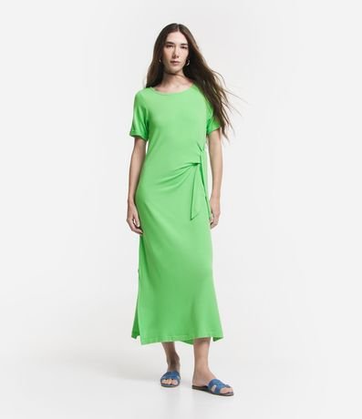 Vestido Largo en Viscosa con Manga Corta con Lazo y Abertura Laterales