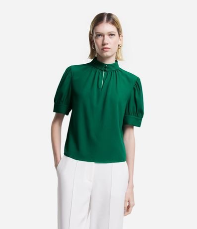 Blusa Manga Abullonada en Crepé con Cuello Alto con Botones 3