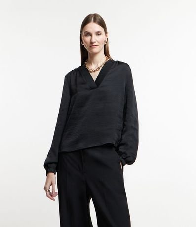 Blusa Acetinada con Escote V y Mangas Bufantes