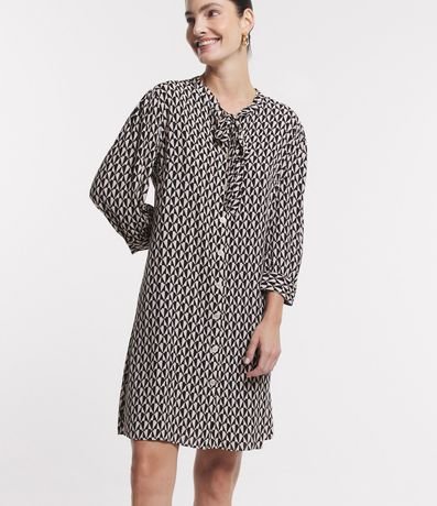Vestido Midi en Viscosa con Lazo en el Cuello y Estampa Geométrica