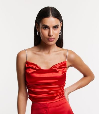 Blusa de Bretel Fino en Strass Satinada y Fruncida 1