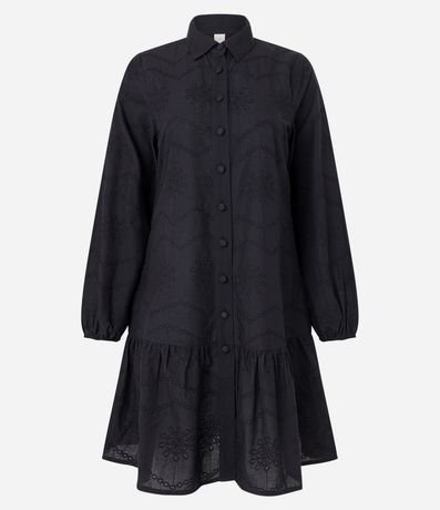 Vestido Chemise Corto en Laise con Mangas Abullonadas