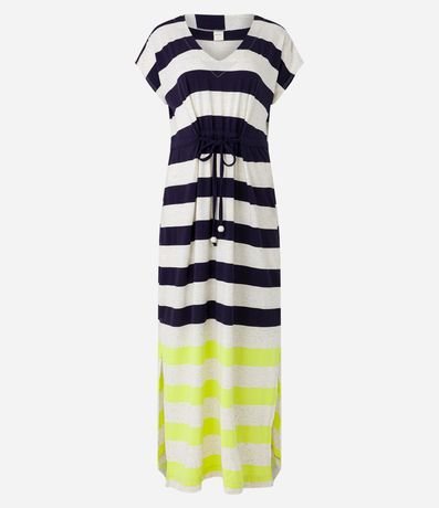 Vestido Midi Recto en Viscosa Rayada Bajo Contrastante