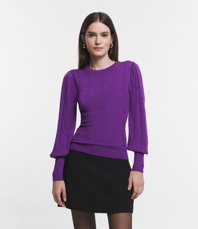 Blusa de Punto con Manga Abullonada y Textura de Corazones 1