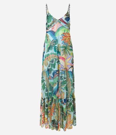 Vestido Largo en Tul con Estampado Tropical y Tirante de Cordón 6