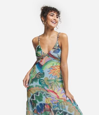 Vestido Largo en Tul con Estampado Tropical y Tirante de Cordón 2