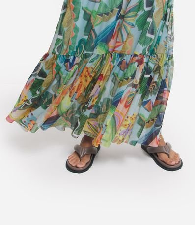 Vestido Largo en Tul con Estampado Tropical y Tirante de Cordón 5