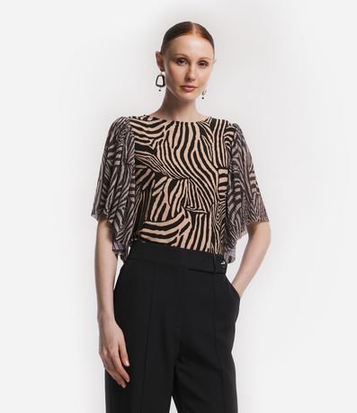 Blusa en Media Malla con Manga Pliegada y Estampado de Cebra 1