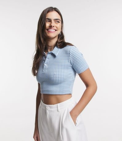 Blusa Cropped en Jacquard Vichy con Cuello Polo 1