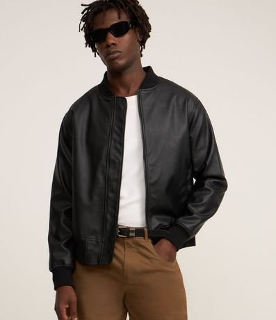 Campera en Pu con Cremallera Delantero y Cuello Alto