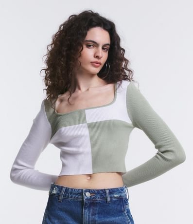 Blusa Cropped de Punto Estampada Bloque de Color 1