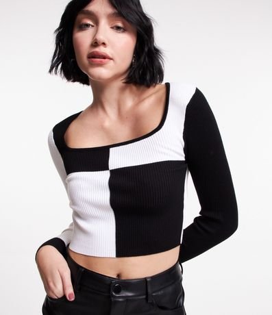 Blusa Cropped en Punto con Estampado en Bloques de Color 1