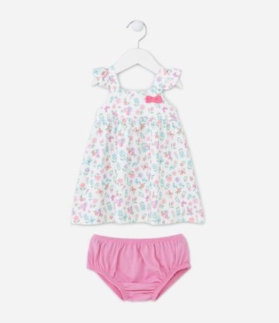Vestido Infantil Floral con Moña Aplicada y Bombacha Lisa - Talle 0 a 18 meses