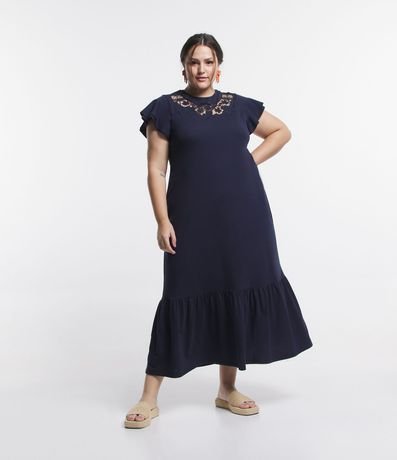 Vestido Midi en Media Malla con Bordado Richelieu en el Busto Curve & Plus Size