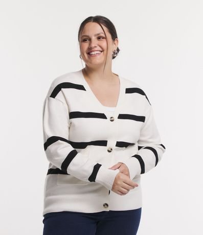 Cardigan de Punto Rayado con Bolsillos Curve & Plus Size
