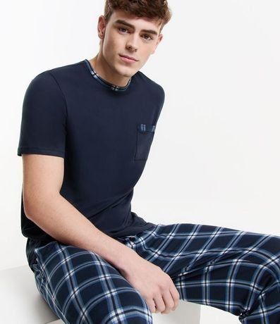 Pijama Largo con Bolsillo en el Pecho y Pantalón Estampado de Cuadros
