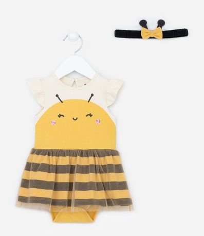 Vestido Body Infantil Estampa Abeja con Vincha para el Pelo - Talle 0 a 18 meses