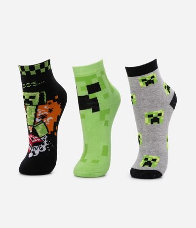 Kit 03 Medias Infantiles Toalla con Estampa Minecraft - Talle 19 a 38