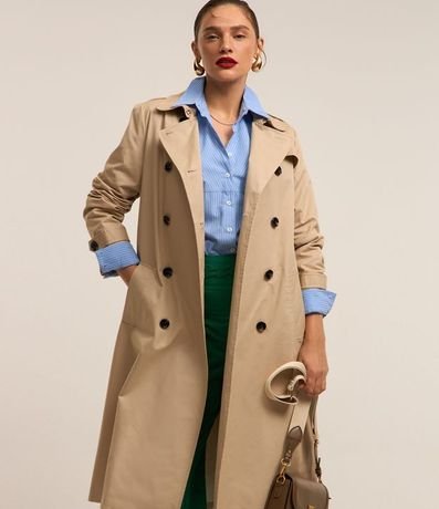 Campera Trench Coat Alargado en Gabardina con Cinturón Hebilla