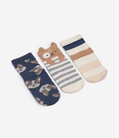 Kit 03 Medias Infantiles en Algodón Peluche con Estampado de Animalitos - Talle 0 a 12 meses