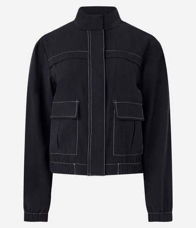 Campera Bomber en Viscosa con Bolsillos Solapa y Pespuntos Contrastantes 6