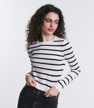 Blusa en Viscosa Rayada con Puños y Bajo Acanalado