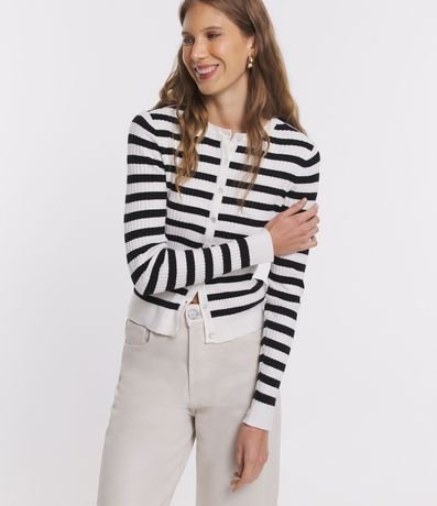 Cardigan en Punto con Abotonado y Estampado Rayada 4