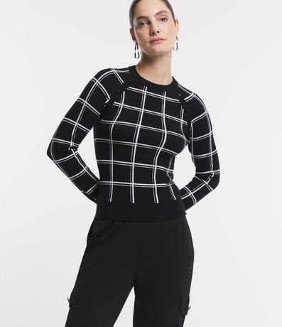 Blusa en Punto con Botones en el Hombro y Estampado de Cuadros Grid 4