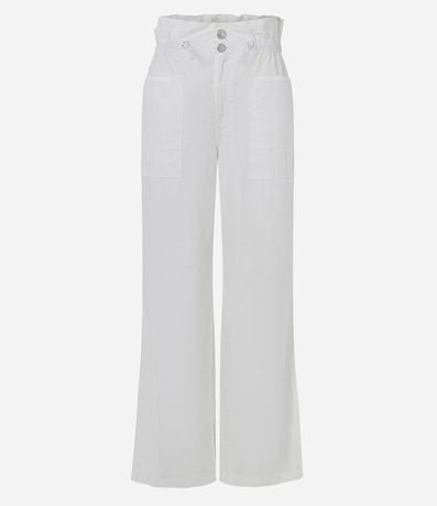 Pantalón Wide Leg en Sarga con Cintura Fruncida con Tirador