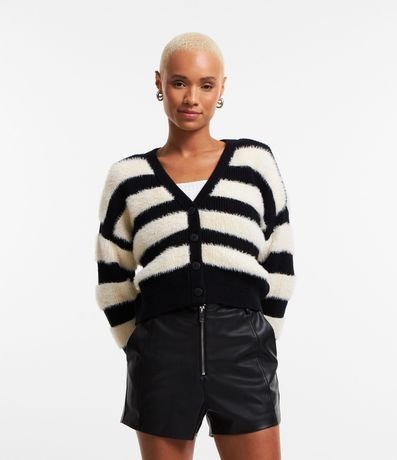 Cardigan Corto en Punto con Pelos y Rayas 1