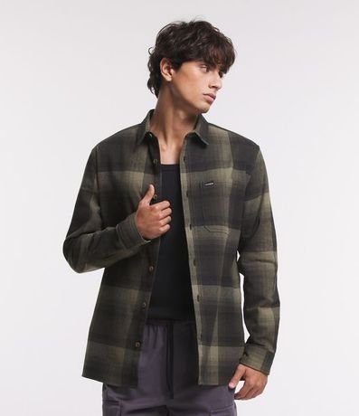 Camisa Regular en Algodón de Cuadros con Bolsillo y Manga Larga