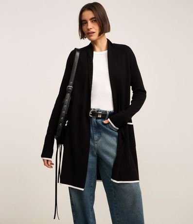 Cardigan Alargado en Punto con Detalles Contrastantes