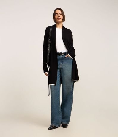 Cardigan Alargado en Punto con Detalles Contrastantes 2