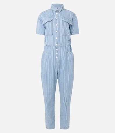 Mono en Jeans Rayado con Hilo Teñido y Bolsillos Delanteros