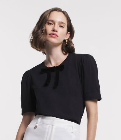 Blusa en Media Malla con Moña en el Cuello y Manga Abullonada 1