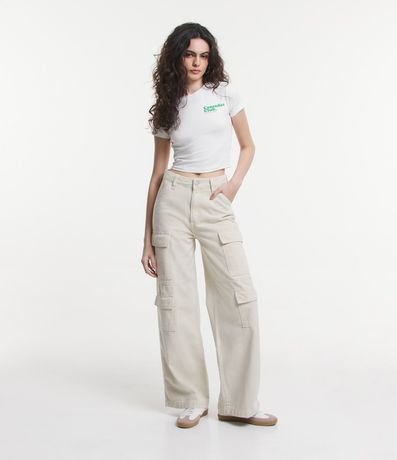 Pantalón Wide Leg Cintura Alta en Sarga con Bolsillos Cargo