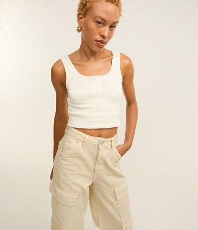 Pantalón Wide Leg Cintura Alta en Sarga con Bolsillos Cargo 3