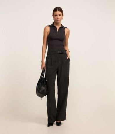 Pantalón Wide Leg Sastrería con Estampa Raya de Tiza y Cinturón