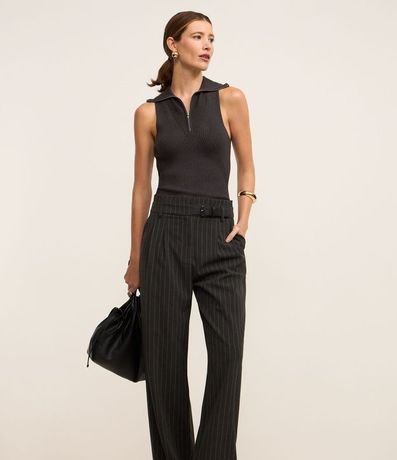 Pantalón Wide Leg Sastrería con Estampa Raya de Tiza y Cinturón 2