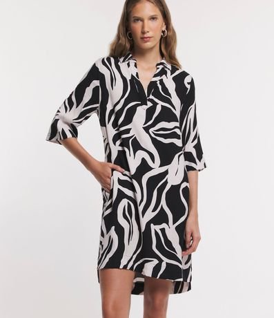 Vestido en Viscosa con Cuello Solapa y Estampado Follaje Contrastante
