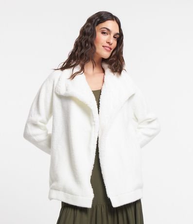 Cardigan Alargado en Punto con Cuello Virada y Forro de Pelos