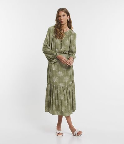 Vestido Midi en Viscolino con Manga Abullonada y Estampado Follaje 1