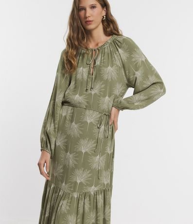 Vestido Midi en Viscolino con Manga Abullonada y Estampado Follaje 2