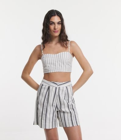 Top Cropped en Lino con Breteles Finos y Rayas en Hilo Teñido