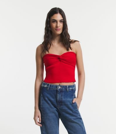 Blusa Cropped de Punto sin Breteles con Busto Retorcido