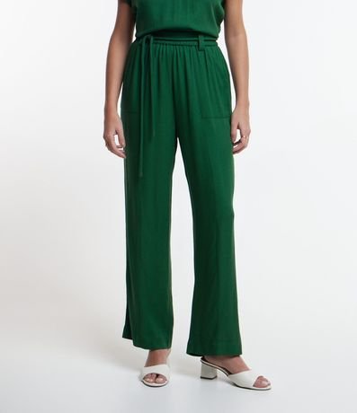 Pantalón Recto en Viscosa con Elástico y Lazo en la Cintura