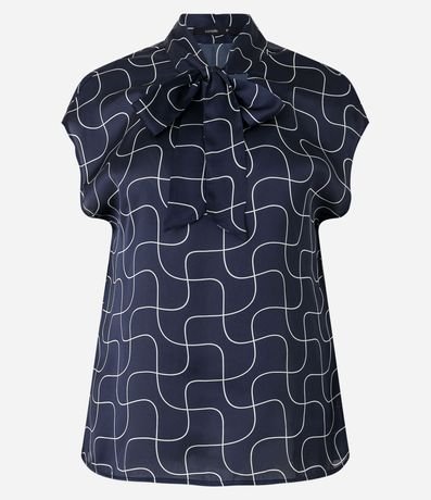 Blusa en Chiffon Satinado con Cuello Lazo y Estamp Geométrica