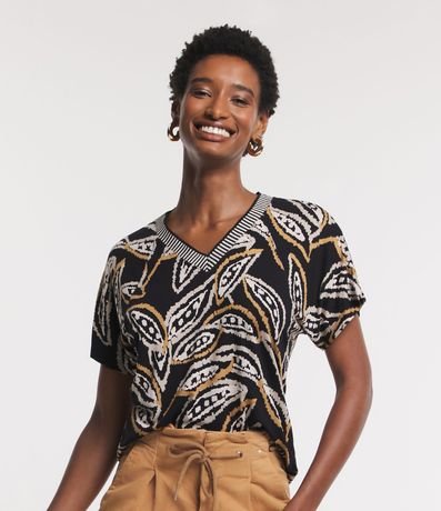 Blusa en Viscosa con Escote en Punto y Estampado de Hojas 1